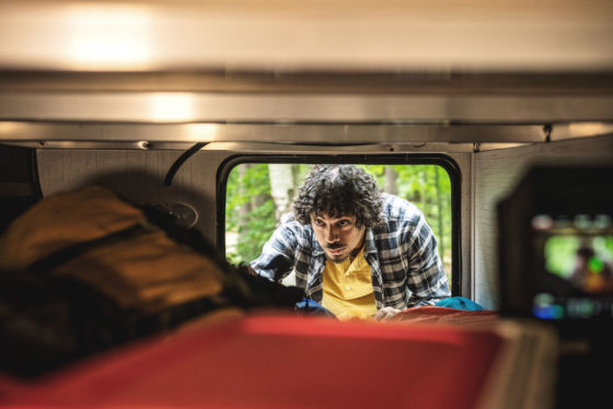 Exterior storage compartment on a Trail Runner travel trailer, providing convenient storage space for outdoor gear.