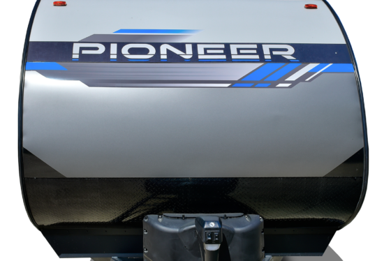 Front view of a Pioneer travel trailer, showcasing its aerodynamic design and sleek exterior features.