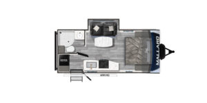 This image showcases the Mallard M210, a compact yet feature-rich travel trailer. Designed for couples or small families, the M210 offers a cozy living space with a dinette, a well-appointed kitchen, and a comfortable sleeping area. Its lightweight design makes it easy to tow, while still providing the essential amenities for a great camping experience. The M210 is perfect for those looking for a balance between convenience and comfort on their adventures.