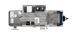 This image highlights the interior layout of the Mallard M26 travel trailer. Featuring a spacious open floor plan, the M26 offers a comfortable living area, a modern kitchen with ample counter space, and a cozy dinette. The trailer includes a private bedroom for added comfort and multiple storage options, making it ideal for extended trips. With its sleek design and well-thought-out layout, the Mallard M26 provides a perfect blend of style, functionality, and comfort for your RV adventures.