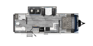 This image showcases the floor plan of the Mallard M260 travel trailer. With a spacious layout, it features a front bedroom with a queen bed for privacy, a central living area with a comfortable sofa and dinette, and a fully equipped kitchen. The rear of the trailer includes a large bathroom with ample storage. The M260 offers a balance of space and functionality, making it perfect for families or couples seeking a comfortable, well-designed RV for their adventures.