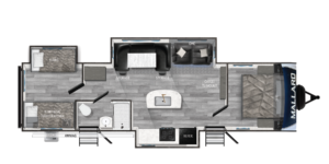 This image features the Mallard M33 travel trailer, known for its spacious and family-friendly design. The M33 includes a large living area with a comfortable sofa and dinette, along with a well-equipped kitchen for all your cooking needs. It offers multiple sleeping options, including a private master bedroom and bunk beds, making it ideal for family adventures. With ample storage and modern amenities, the M33 ensures a comfortable and enjoyable experience, whether you're camping for the weekend or on an extended road trip.