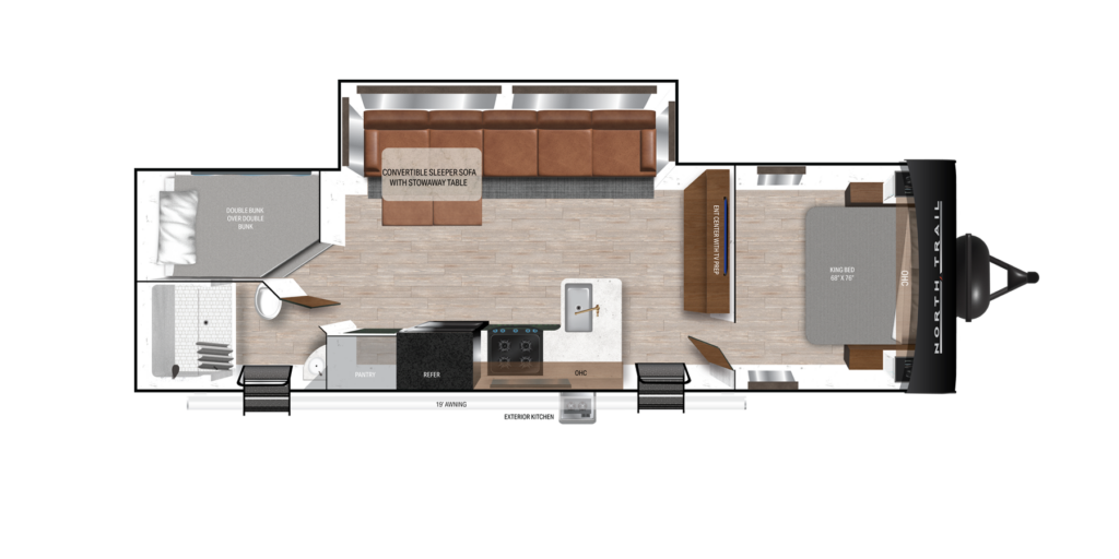 Floor plan of a small living space featuring a convertible sofa with a stand-alone table, a kitchen area with stove and sink, a bathroom with shower and toilet, and a bed labeled Bunked.
