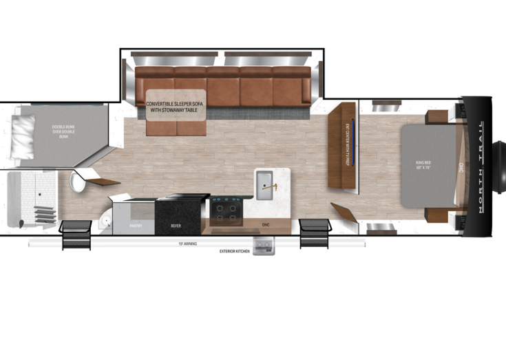 Floor plan of a small living space featuring a convertible sofa with a stand-alone table, a kitchen area with stove and sink, a bathroom with shower and toilet, and a bed labeled Bunked.