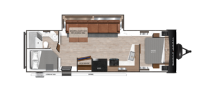 Introducing the NT-29BHP RV floorplan, designed for families and adventurers who crave space and functionality. This well-thought-out layout features a generous bunkhouse at the rear, providing additional sleeping quarters for kids or guests. The open-concept living area showcases a comfortable lounge space with plush seating and a dinette, perfect for family meals and game nights. The centrally located kitchen is equipped with modern appliances and ample counter space, making meal preparation a breeze. The front master suite offers a peaceful retreat, featuring a cozy queen bed and convenient storage solutions. With its thoughtful design and user-friendly features, the NT-29BHP RV is your ticket to unforgettable adventures and cherished memories on the road.