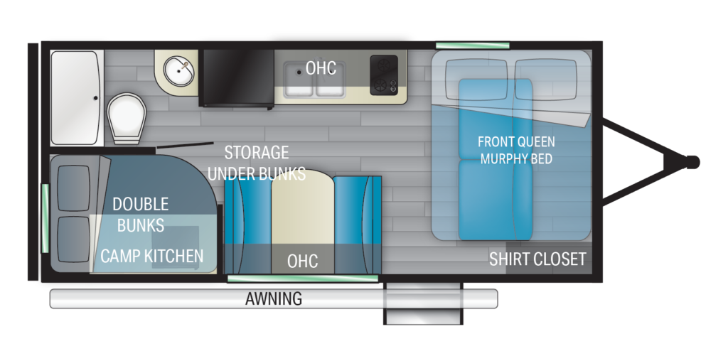 The floorplan of the Pioneer BH170, one of Heartland's small RVs.