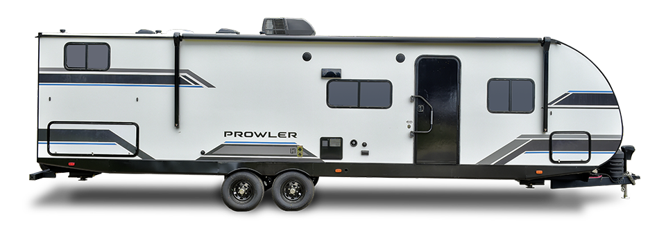 This image features the Prowler RV, designed for the adventurous traveler who values both comfort and durability. The exterior boasts a bold, dynamic look with clean lines and a rugged build, making it perfect for outdoor exploration. With its robust construction and stylish design, the Prowler RV is built to handle the elements while offering a comfortable and enjoyable experience on the road. Ideal for families and outdoor enthusiasts alike, this RV combines practicality with a modern aesthetic for your next adventure.