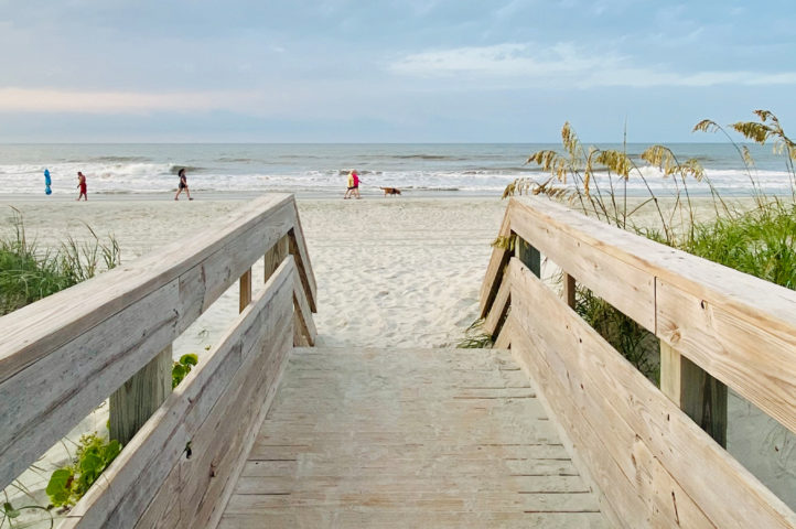 A view down a beach walkway, facing the shoreline.