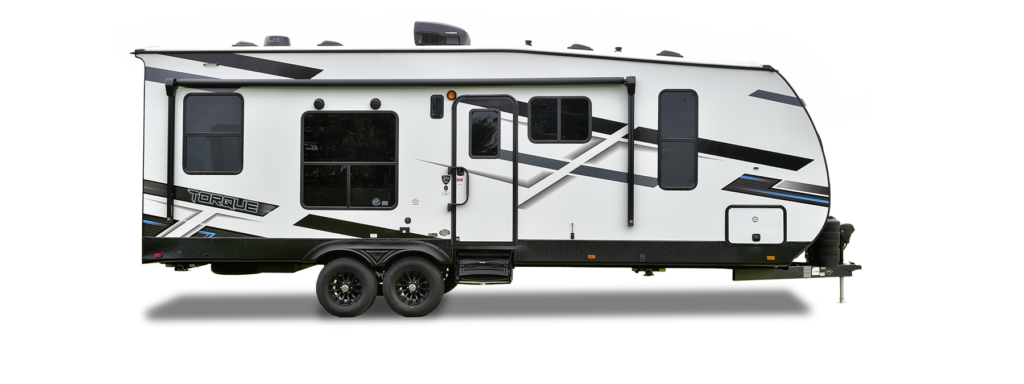 A banner featuring the Torque TQTT toy hauler RV against a scenic outdoor backdrop.