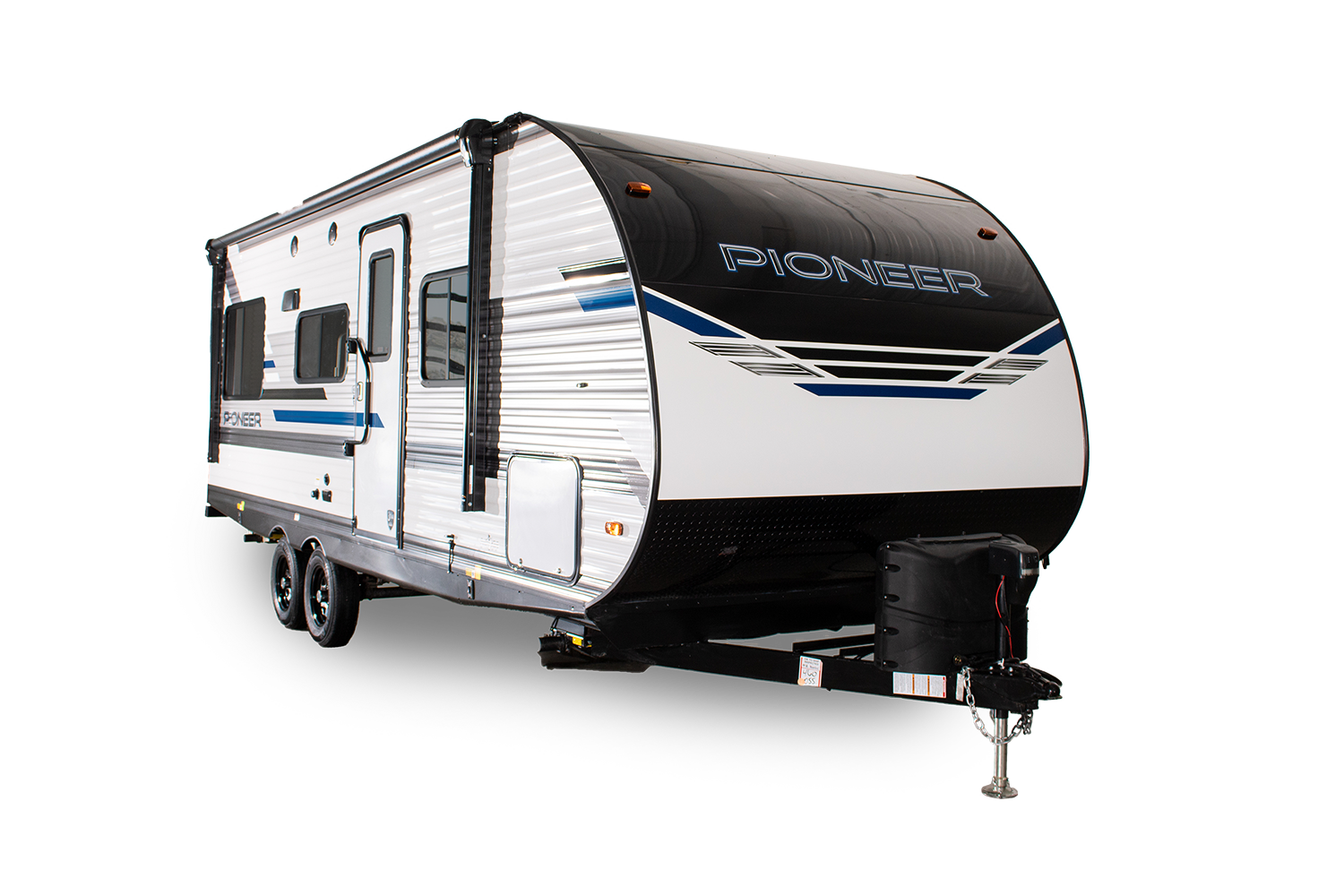 Exterior shot of a Heartland Pioneer travel trailer against a blank background