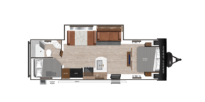 Discover the spacious and family-friendly layout of the NT-26BHSS RV, designed for comfort and convenience on the road. This floorplan features a cozy front master bedroom, providing a private retreat with ample storage for personal belongings. The central living area boasts a welcoming seating arrangement, perfect for relaxation or entertaining. The well-appointed kitchen is equipped with modern appliances and generous counter space, making meal prep enjoyable. At the rear, the bunkhouse provides two additional beds, ideal for children or guests, ensuring everyone has their own space. With its open design and thoughtful amenities, the NT-26BHSS RV is perfect for family adventures and creating unforgettable memories together.