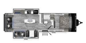 The image showcases the floor plan of the Sundance XLT 293RL travel trailer. This model offers a spacious rear living area with opposing slide-outs that expand the living space, featuring a sofa and theater seating for comfort. The central kitchen includes a large island, pantry, and adjacent dinette for dining. The front of the trailer features a private master bedroom with a queen bed and plenty of storage. A fully equipped bathroom with a shower is located between the living and bedroom areas. This layout is perfect for couples or small families seeking comfort on the road.