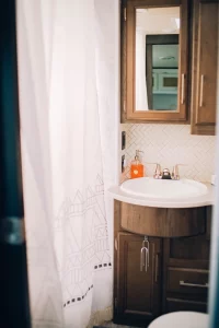 Updated bathroom shower curtain to brighten up the small space