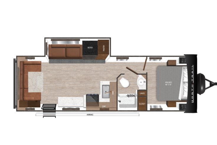 Floor plan of a compact RV interior featuring a living area with a sofa, a small kitchen with a stove and sink, a bathroom with a shower, and a sleeping area with a bed. An awning is shown on the exterior side.