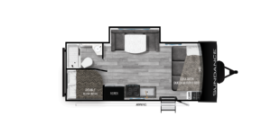 This image presents the floor plan of the Sundance SD-211MB travel trailer, designed with family-friendly features in mind. The layout includes a versatile mid-bunk area, perfect for accommodating extra guests or children. The living space flows seamlessly into the kitchen, which is equipped with modern appliances and ample storage. Natural light floods the interior through large windows, enhancing the welcoming atmosphere. With a cozy dining area and easy access to the bathroom, the SD-211MB combines comfort and functionality.