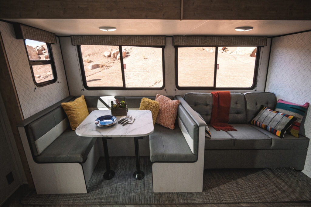 Stylish and modern banquettes have become a popular RV trend for 2023 models.