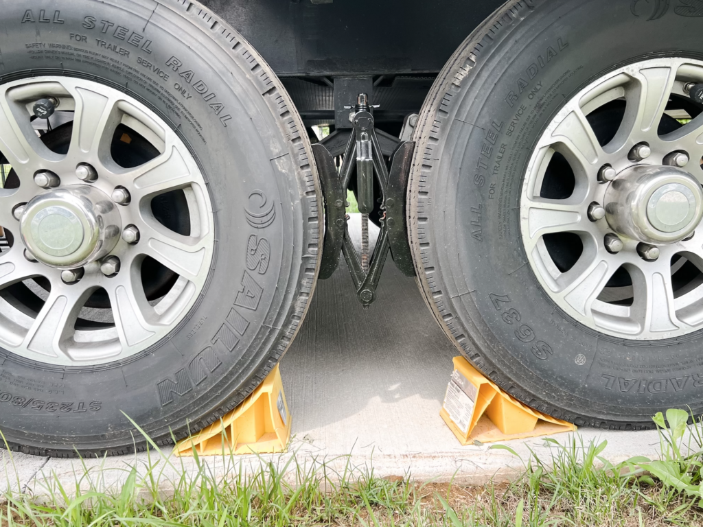 Wheel chocks are an important RV accessories.