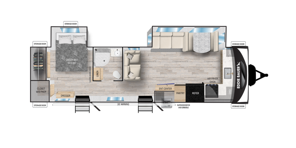 Top-down floor plan of a travel trailer showing a bedroom with queen bed, closet, and dresser, a bathroom with shower, a kitchen with sink, pantry, and fridge, a dining area, and a living room with sofa and entertainment center.