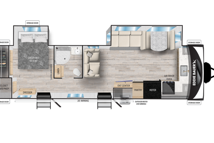 Top-down floor plan of a travel trailer showing a bedroom with queen bed, closet, and dresser, a bathroom with shower, a kitchen with sink, pantry, and fridge, a dining area, and a living room with sofa and entertainment center.