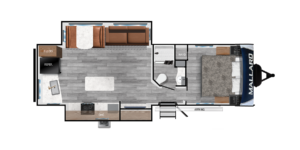 This image displays the floor plan of the Mallard M283RK travel trailer. It features a rear kitchen layout with plenty of counter space and modern appliances. The living area offers a cozy space with a sofa and dinette for relaxation and meals. Towards the front, there's a spacious master bedroom with a queen bed and storage. The bathroom is centrally located and includes a shower, toilet, and sink. With its thoughtful design and roomy interior, the M283RK is ideal for those seeking comfort and convenience on the road.