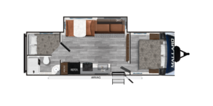 This image showcases the floor plan of the Mallard T265BH travel trailer. Designed with family adventures in mind, this layout features a spacious bunkhouse, a cozy living area, and a fully-equipped kitchen. The open floor plan maximizes comfort, offering plenty of room for dining, relaxing, and entertaining. Perfect for both weekend getaways and extended trips, the Mallard T265BH combines modern amenities with a practical design, ensuring a comfortable and enjoyable travel experience for the whole family.