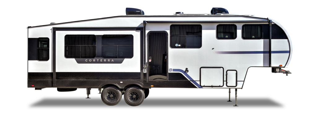 Exterior view of the Heartland Corterra RV, showcasing its sleek design, modern features, and durable construction.