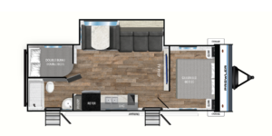 The image showcases the interior of the 2024 Land Yacht LY-265BHX travel trailer, highlighting its family-friendly design and spacious layout. The living area features a cozy sofa and a booth-style dinette, providing ample seating for relaxation and meals. Large windows illuminate the space with natural light, enhancing the welcoming ambiance. The well-equipped kitchen includes modern appliances and generous counter space, perfect for cooking and entertaining. This trailer is designed with comfort and functionality in mind, making it an ideal choice for families seeking adventure and convenience on the road.