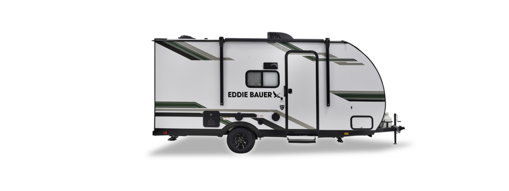 Side view of a white Eddie Bauer travel trailer with green and black stripes, a single axle, one door, a window, and outdoor storage compartments.