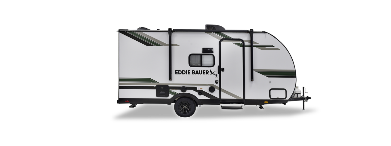 Side view of a white Eddie Bauer travel trailer with green and black stripes, a single axle, one door, a window, and outdoor storage compartments.