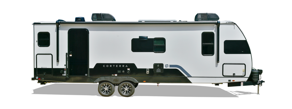 Exterior view of a Heartland RV with a sleek design, large windows, and modern features.