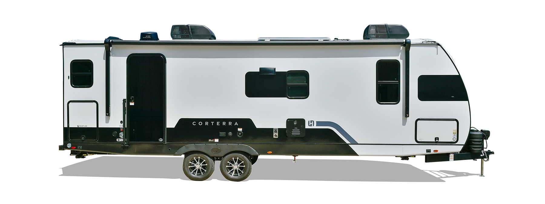 Exterior view of a Heartland RV with a sleek design, large windows, and modern features.