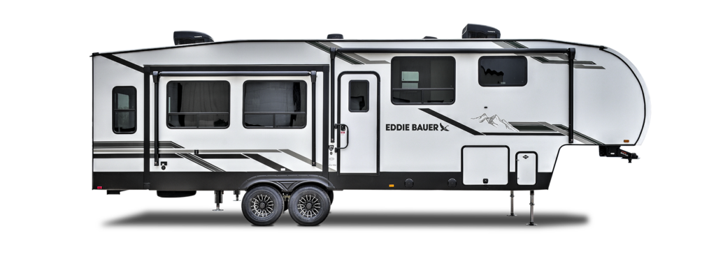Eddie Bauer Edition Heartland Bighorn fifth wheel RV on a white background.