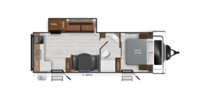 The Corterra Travel Trailer floor plan CT-25.2RK is designed for those who appreciate both style and functionality. This layout features a spacious rear kitchen that maximizes counter space and storage, making meal prep a breeze. The open-concept living area includes a comfortable dinette and cozy lounge, perfect for relaxing after a day of adventure. Large windows fill the space with natural light, creating an inviting atmosphere. The bedroom offers a restful retreat with ample storage and easy access to the well-equipped bathroom. Whether you’re planning a weekend getaway or an extended trip, this floor plan provides everything you need for a memorable camping experience.