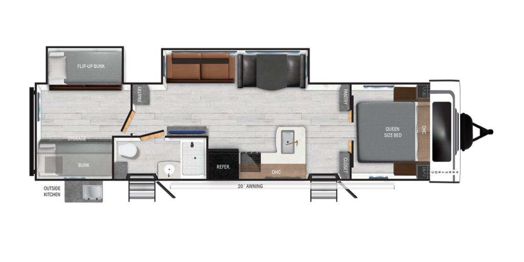 Floor plan of a travel trailer showing a queen bed, sofa, dinette, bunk beds, flip-up bunk, bathroom with shower, kitchen area with sink, stove, fridge, and pantry, plus a 20 awning on the exterior.