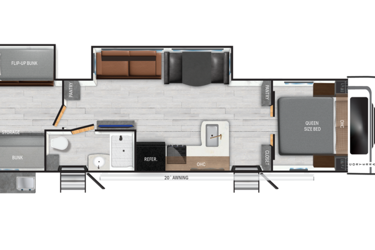 Floor plan of a travel trailer showing a queen bed, sofa, dinette, bunk beds, flip-up bunk, bathroom with shower, kitchen area with sink, stove, fridge, and pantry, plus a 20 awning on the exterior.