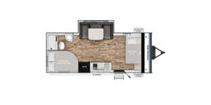 The image shows the floor plan of the 2024 Pioneer PR-19BHX travel trailer. This family-friendly layout includes a front queen bed and rear bunk beds, providing comfortable sleeping arrangements for up to five people. The central living area features a dinette that can convert into additional sleeping space, while the compact kitchen comes with a two-burner cooktop, sink, refrigerator, and storage for essentials. A rear bathroom with a shower and toilet offers convenience. This lightweight, easy-to-tow trailer is designed for families looking for adventure on the road.