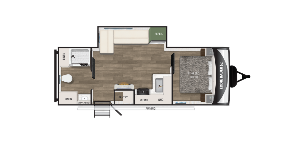 A floor plan of an Eddie Bauer travel trailer showing a bedroom with a queen bed, a bathroom, a kitchen with microwave and refrigerator, a dinette, sofa, and entry door with awning.