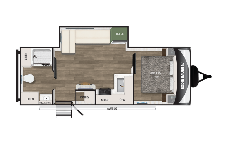 A floor plan of an Eddie Bauer travel trailer showing a bedroom with a queen bed, a bathroom, a kitchen with microwave and refrigerator, a dinette, sofa, and entry door with awning.