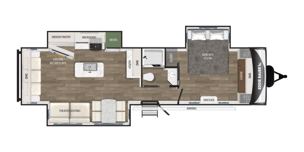 Floor plan of a travel trailer showing a living area with theater seating, a kitchen with island, hidden pantry, bathroom with shower, bedroom with king bed, dresser, closet, and an exterior awning.