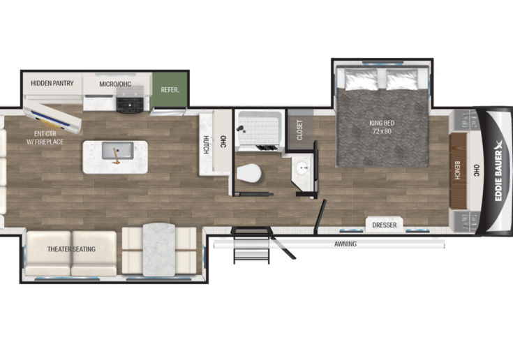 Floor plan of a travel trailer showing a living area with theater seating, a kitchen with island, hidden pantry, bathroom with shower, bedroom with king bed, dresser, closet, and an exterior awning.