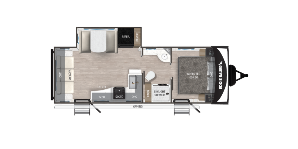 Floor plan of a travel trailer with queen bed, skylight shower, sofa with table, kitchen area with sink, stove, TV, fridge, and pantry, plus entry door and awning along one side.
