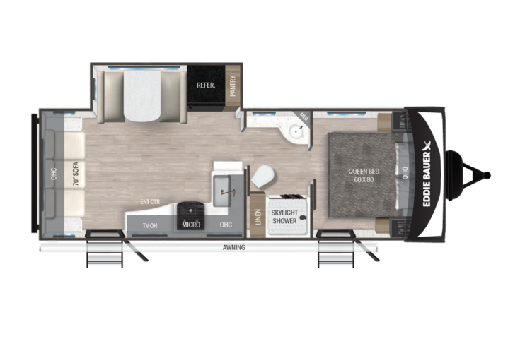 Floor plan of a travel trailer with queen bed, skylight shower, sofa with table, kitchen area with sink, stove, TV, fridge, and pantry, plus entry door and awning along one side.