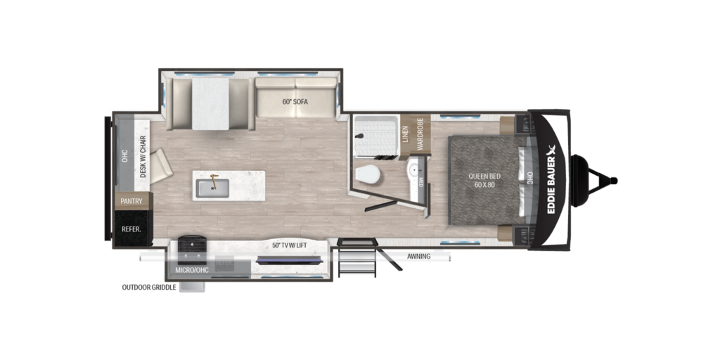 Floor plan of a travel trailer featuring a bedroom with a queen bed, bathroom with shower, kitchen area with stove and sink, pantry, refrigerator, microwave, dinette, sofa, and entry door with an awning outside.