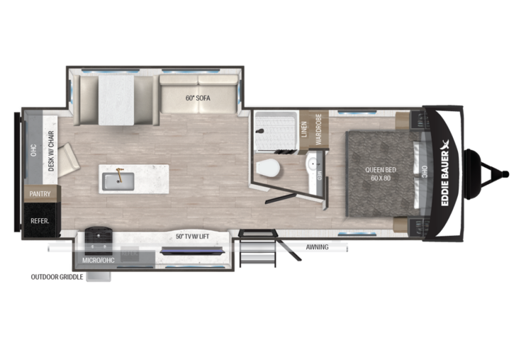 Floor plan of a travel trailer featuring a bedroom with a queen bed, bathroom with shower, kitchen area with stove and sink, pantry, refrigerator, microwave, dinette, sofa, and entry door with an awning outside.