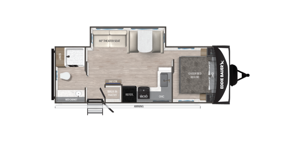 Floor plan of a travel trailer showing a queen bed, 60 theater seat, kitchen area with microwave, fridge, sink, cooktop, walk-in pantry, bathroom, linen closet, entry, and an awning on the exterior.