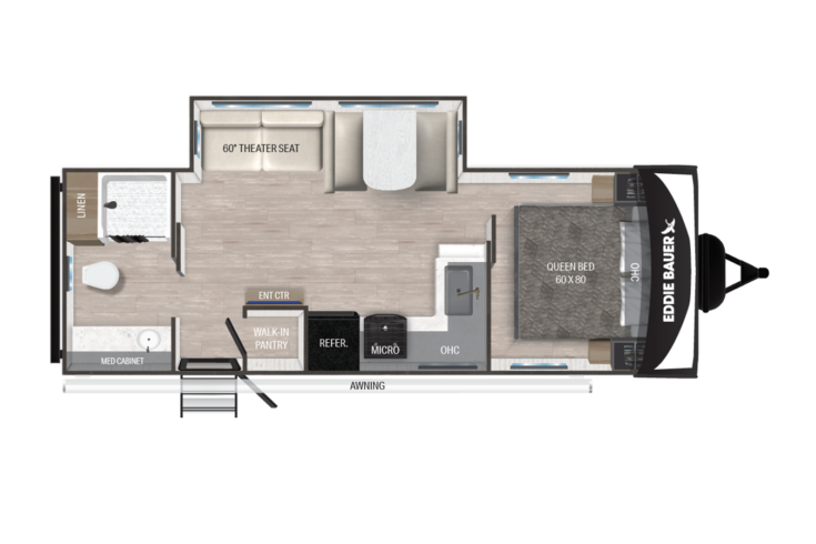 Floor plan of a travel trailer showing a queen bed, 60 theater seat, kitchen area with microwave, fridge, sink, cooktop, walk-in pantry, bathroom, linen closet, entry, and an awning on the exterior.