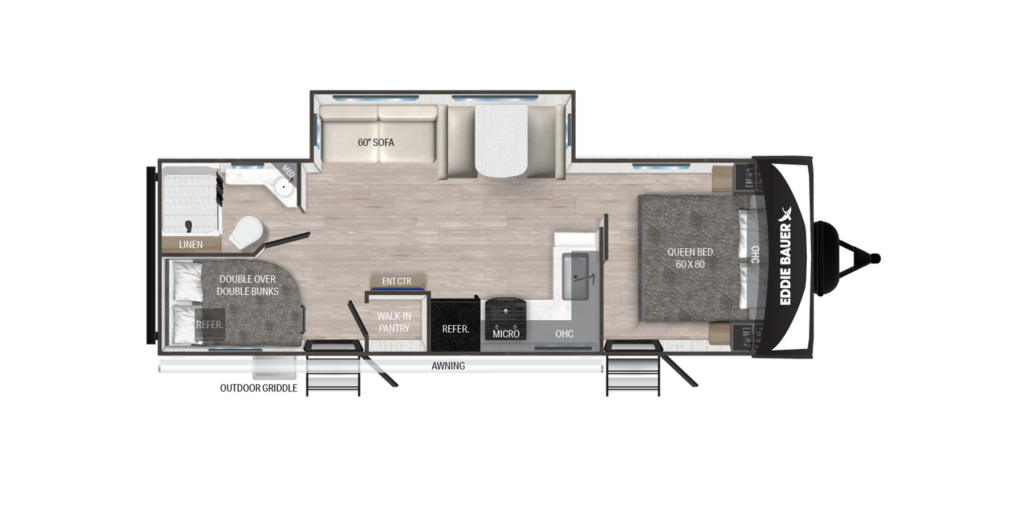 Floor plan of an Eddie Bauer RV trailer showing a queen bed, double bunks, sofa, dinette, kitchen area with fridge and microwave, bathroom with shower, and entry door with awning.
