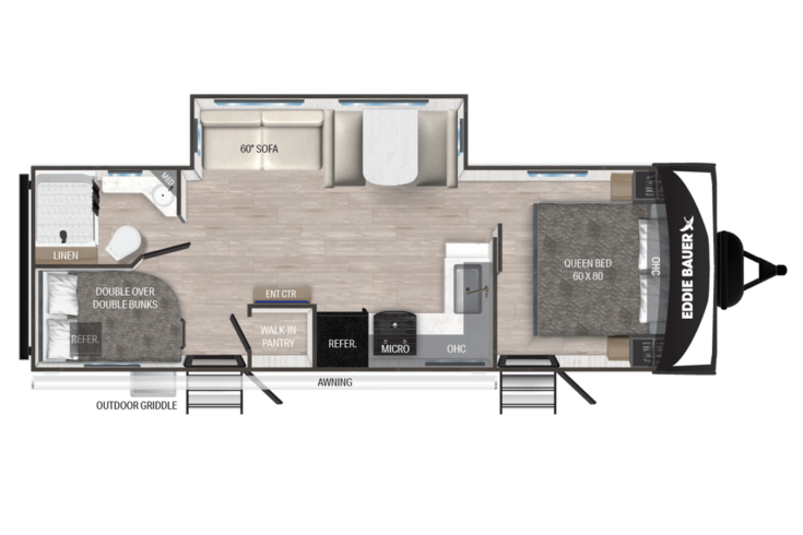 Floor plan of an Eddie Bauer RV trailer showing a queen bed, double bunks, sofa, dinette, kitchen area with fridge and microwave, bathroom with shower, and entry door with awning.
