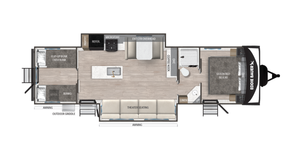 Floor plan of an Eddie Bauer RV trailer showing a queen bed, sofa, bunk beds, kitchen with sink and microwave, fireplace, dinette, bathroom with shower, dual entry doors, and multiple awnings.