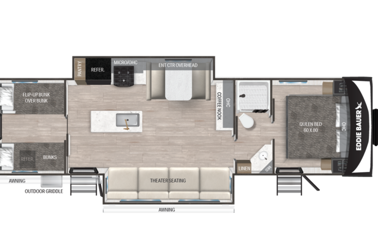 Floor plan of an Eddie Bauer RV trailer showing a queen bed, sofa, bunk beds, kitchen with sink and microwave, fireplace, dinette, bathroom with shower, dual entry doors, and multiple awnings.
